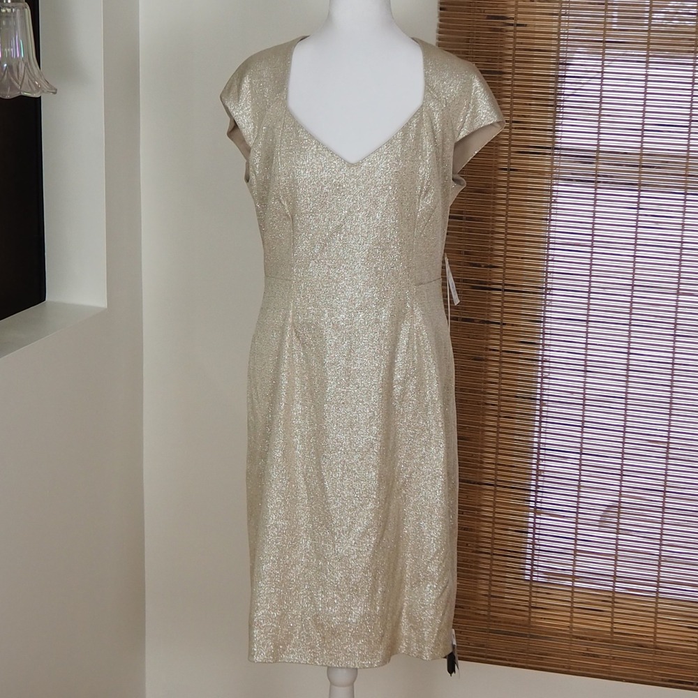 NWT Kay Unger Metallic Gold Sheath Dress Size 10 Cocktail Party Wedding